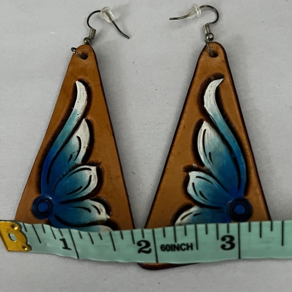 Handcrafted Blue and Tan leather Angel Wing Earrings - Picture 4 of 5